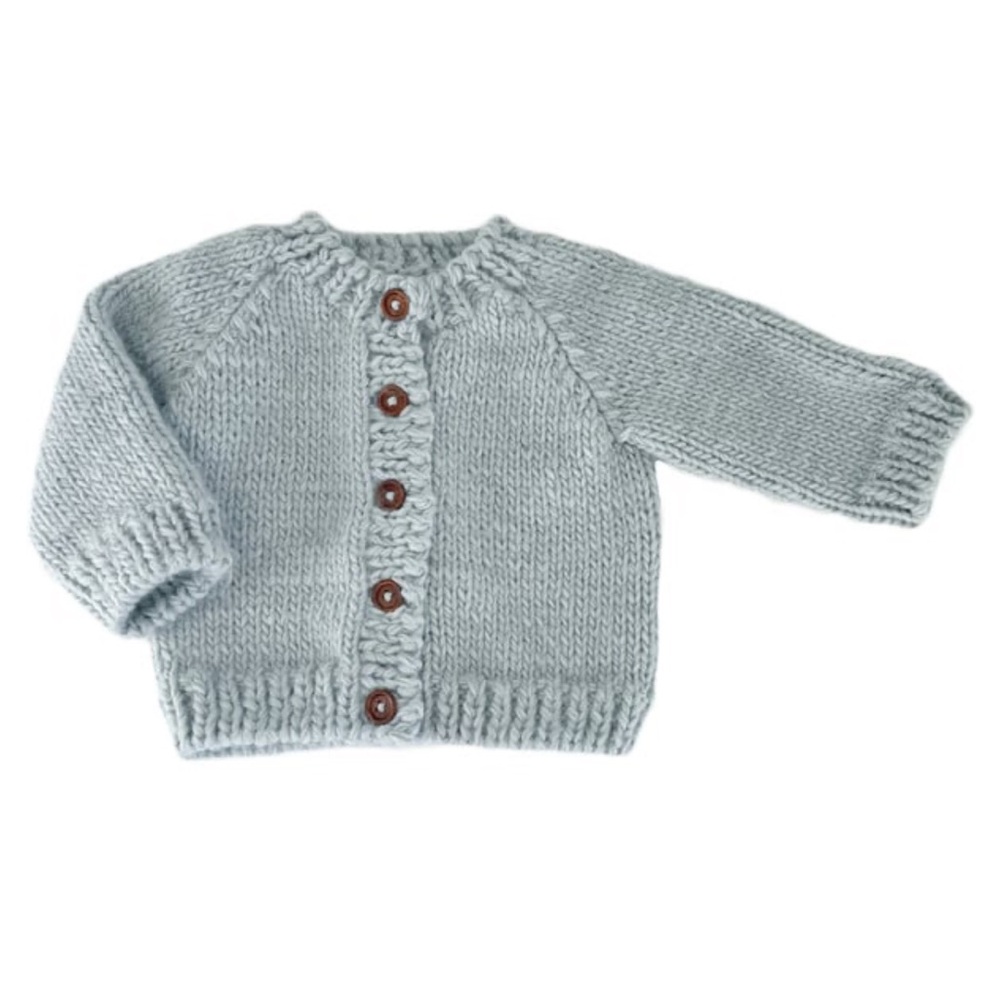 THE BLUEBERRY HILL Classic Cardigan + Matching Mittens, Bowie Grey